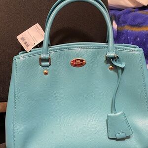 Coach Turquoise Leather Satchel Tote with Gold Hardware